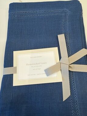Williams Sonoma French Blue Linen Hemstitched Placemats Set of 4 NWT